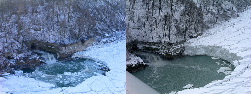 [Two photos spliced together. The image on the left is the outfall with ring of ice around the warm water coming from the outfall. On the right is the same outfall with at least 3 times as much ice thickness on the river.]